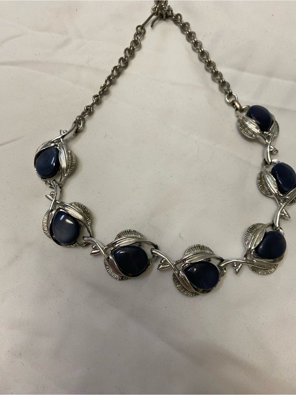 Vintage Source Unknown Silver Leaf Necklace with Dark Blue Cabochons
